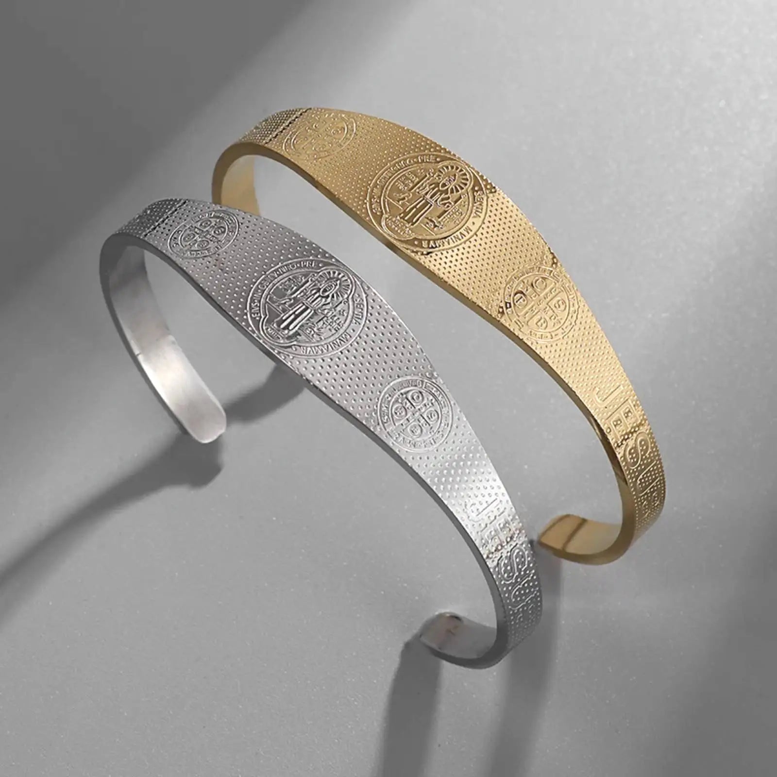 Saint Benedict Bracelet Open Bangle for Women Men Protection Blessing Stainless Steel Jewelry Gifts