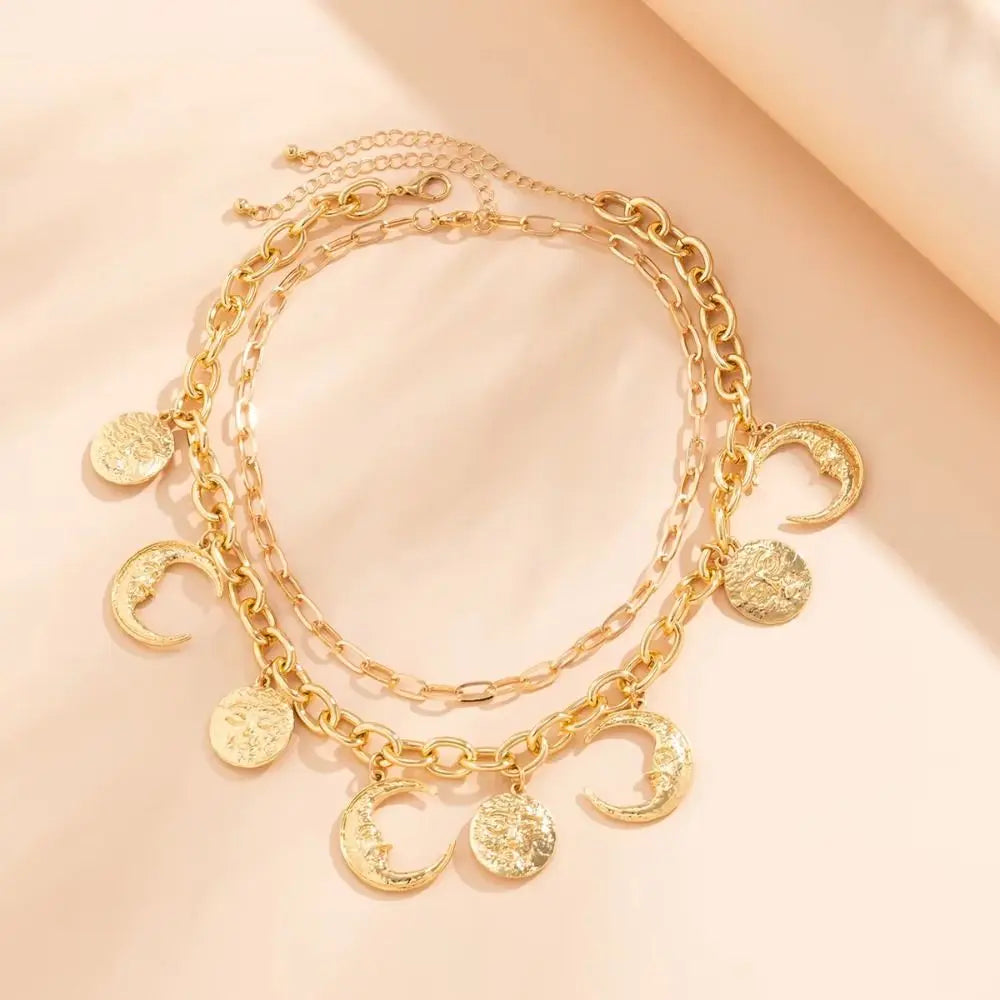 Fashion Multilayer Necklace Golden Geometry Metal Collarbone Chain Exquisite Women Jewelry Cowboy Cowgirl Choker Party