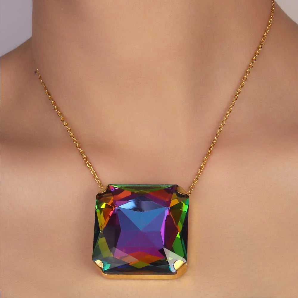 Colorful Oversize Square Necklace Chain Crystal Choker for Women 2024 Trendy Large Geometric Pendant Necklace Statement Jewelry