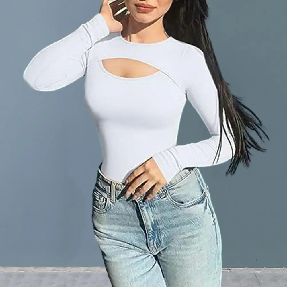 Sexy Long Sleeve O Neck Casual Bodysuit Women Body Tops White Black Nude Red Party Hollow out Bodycon Romper Bodysuit Jumper