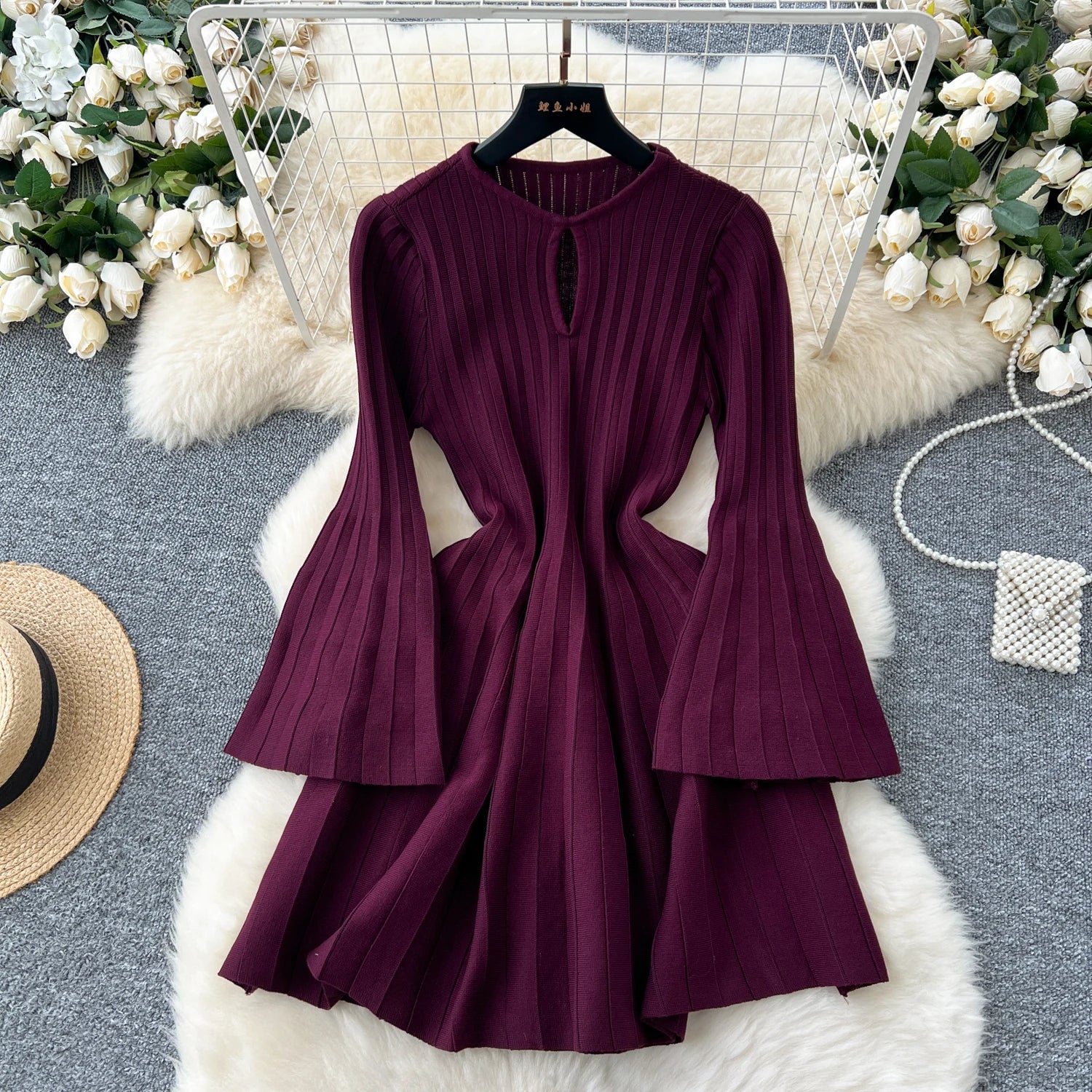 Ele Knitted Dr Hollow out round Ne Bell Sve A-Line Sweater Dr High Waist Slimming Midi Dr Autumn Faion