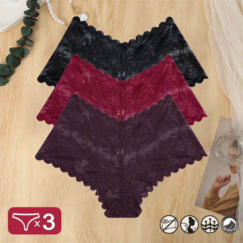 3PCS Women Sexy Lace Panties Floral Perspective Uderwear Solid Color Intimates Boyshort Female V-Waist Breathablle Soft Lingerie