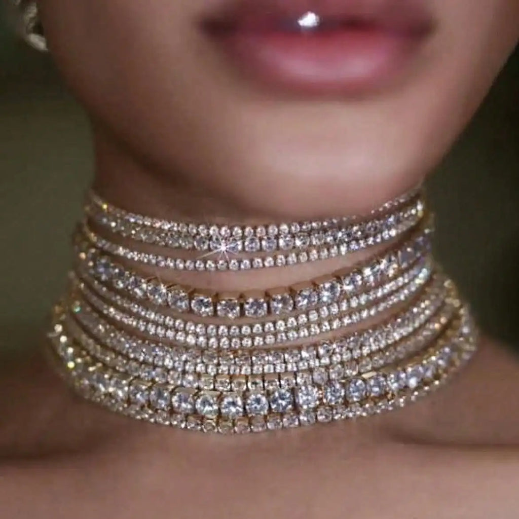 CUIER Fashionable Multi Layered Shiny Choker Necklace Jewelry Necklaces For Women Wedding Rhinestone Collar