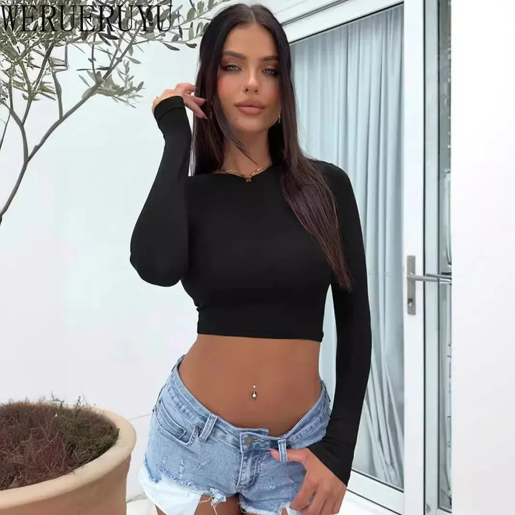 Long Sleeve Crop Top White T-shirts Women's Y2k Clothes Spring Winter Fashion Solid Color Sexy Tight Short T-shirt for Women 2025