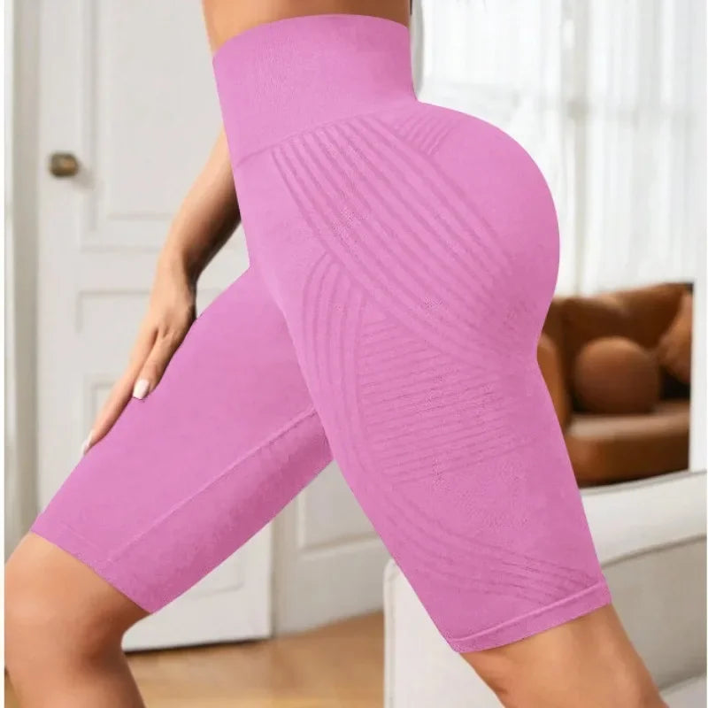 Women's Knitted Slim High Waist Seamless Yoga Shorts Workout Running Linear Aesthetic Leggings Stretchy Push Up Butt Shorts