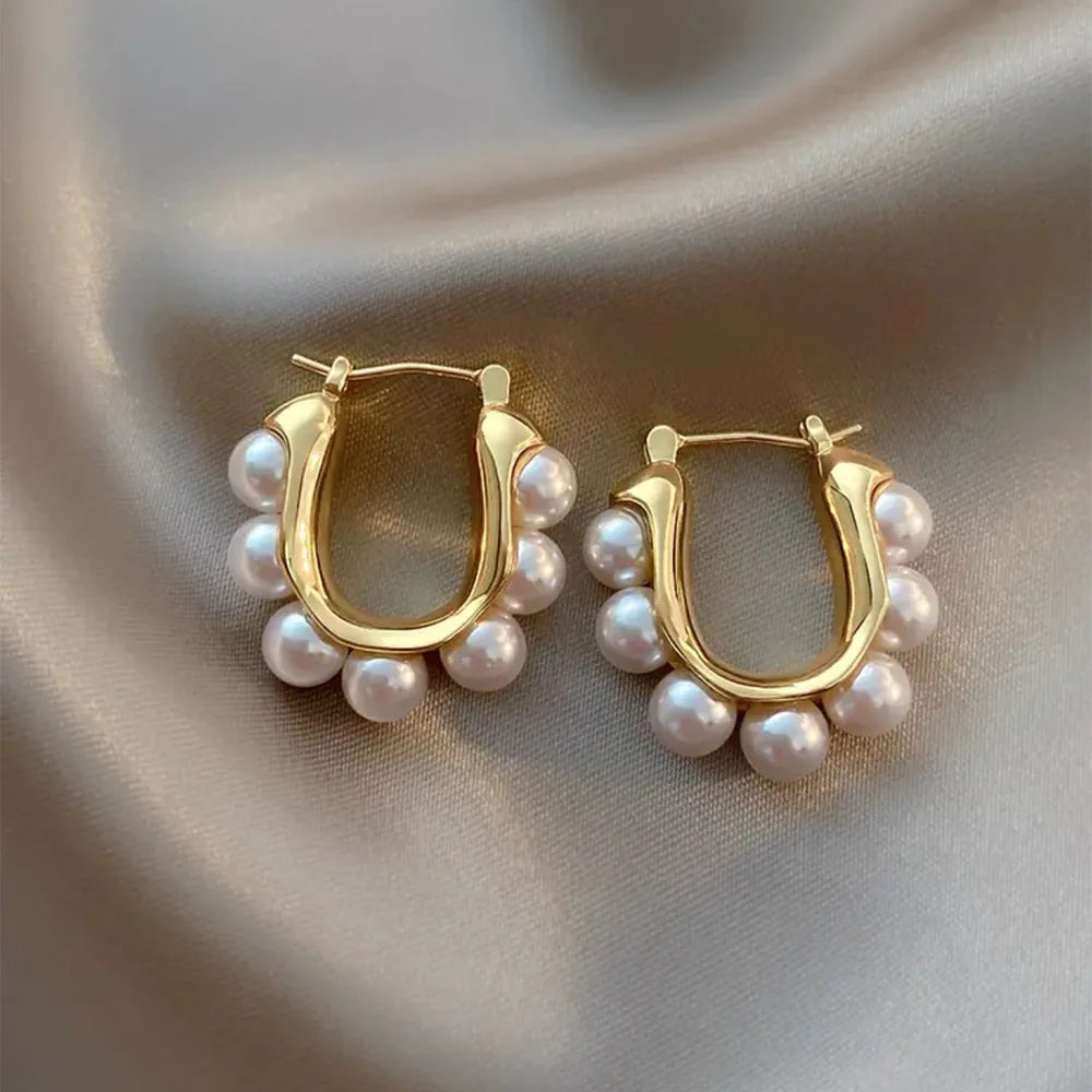 Classic Retro U-shaped Geometric Inlaid Pearl Ear Buckle Women Elegant Fashion Earrings Jewelry Dairy Party Wearing