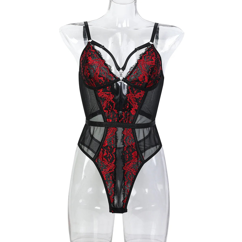 BornToGirl Sexy Bodysuit For Women Perspective Sleeveless V Neck Lace One Pieces Mesh Bodysuits Jumpsuit Tops Body Suit Y2K