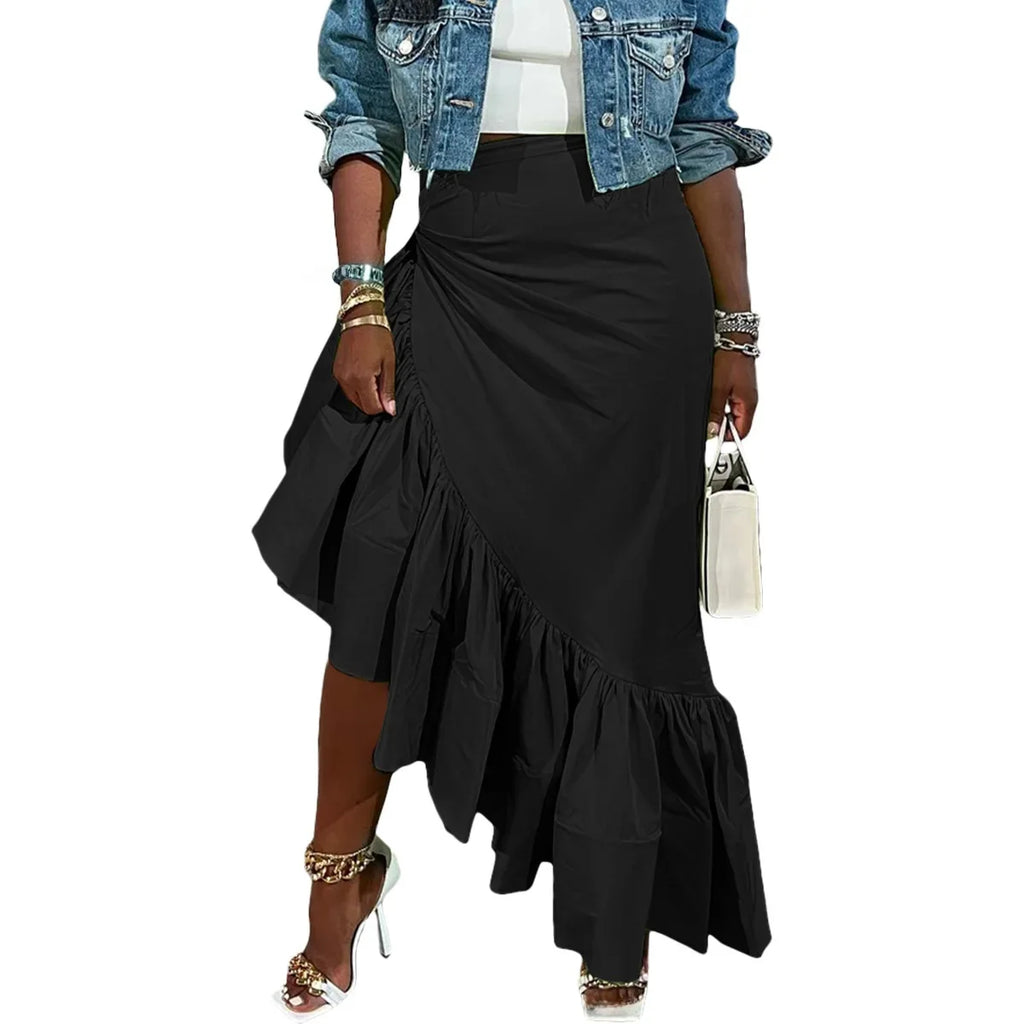 Sexy Solid Color Asymmetric Hem Skirt for Women Club Night Outings Polyester Fiber Ruffled Half-length Skirt Fashionable
