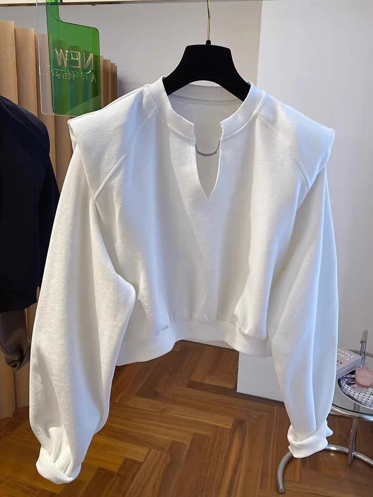 Plus Size 300 Pou Design Sense Casual V-Neck Sweatshirt Women Early Autumn Loose Shoulder Pad Top Streetwear