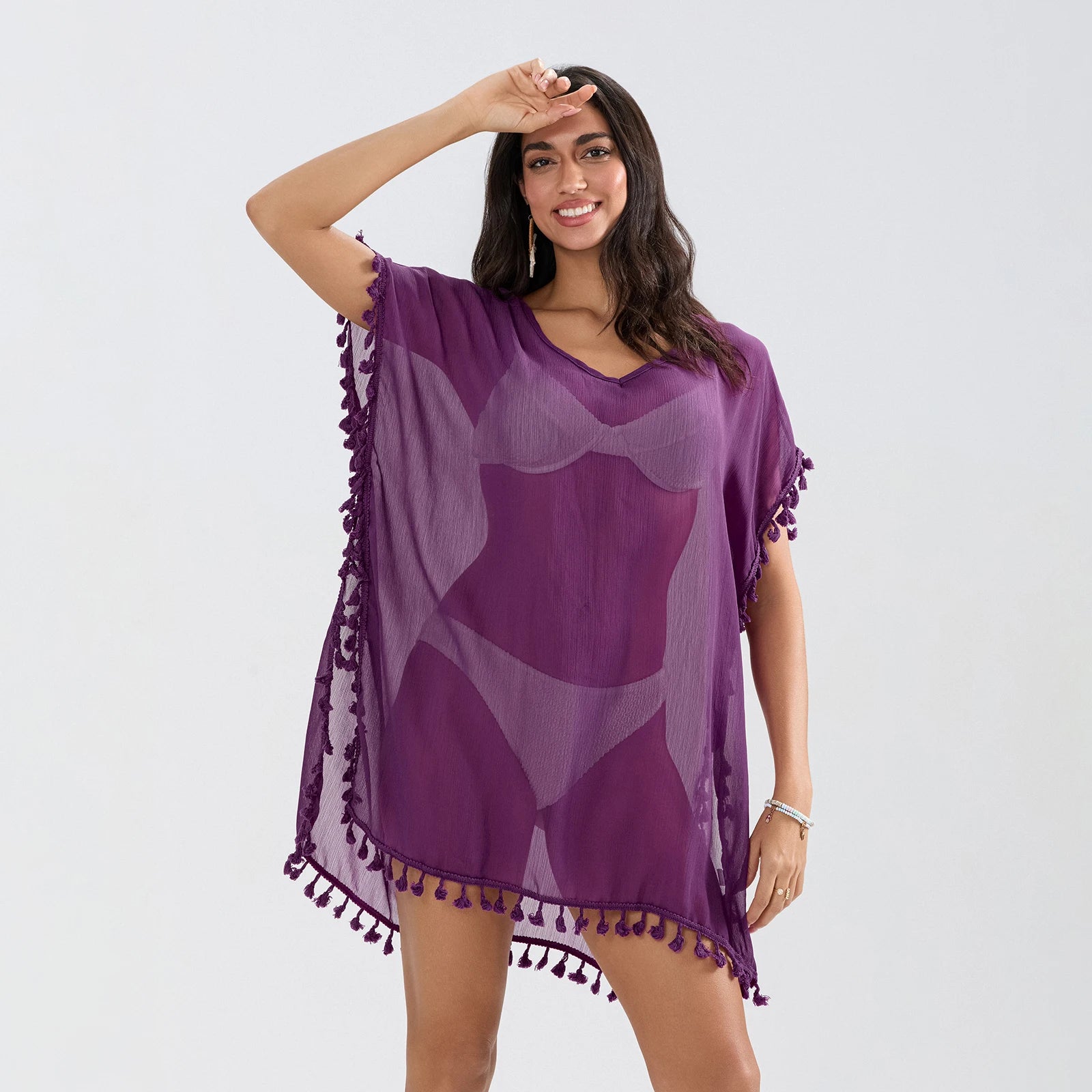 Tassel Trim Bikini Cover Up Beach Dress Women See-Through Beachwear Swimsuit Summer Mini Dress Cover-ups Sunscreen Dress