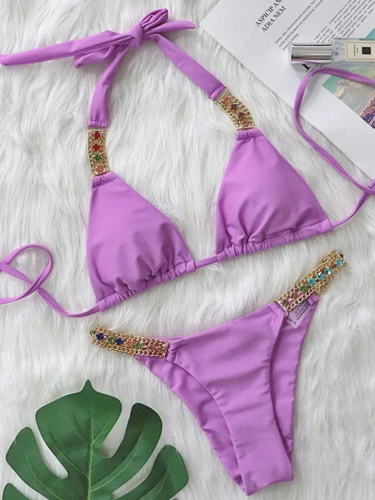 Halter Rhinestone Diamond Bikini Women Swimsuit Female Bikinis Metal Chain Swimwear Two Pieces Bikini Set Bathing Suit Swim Lady