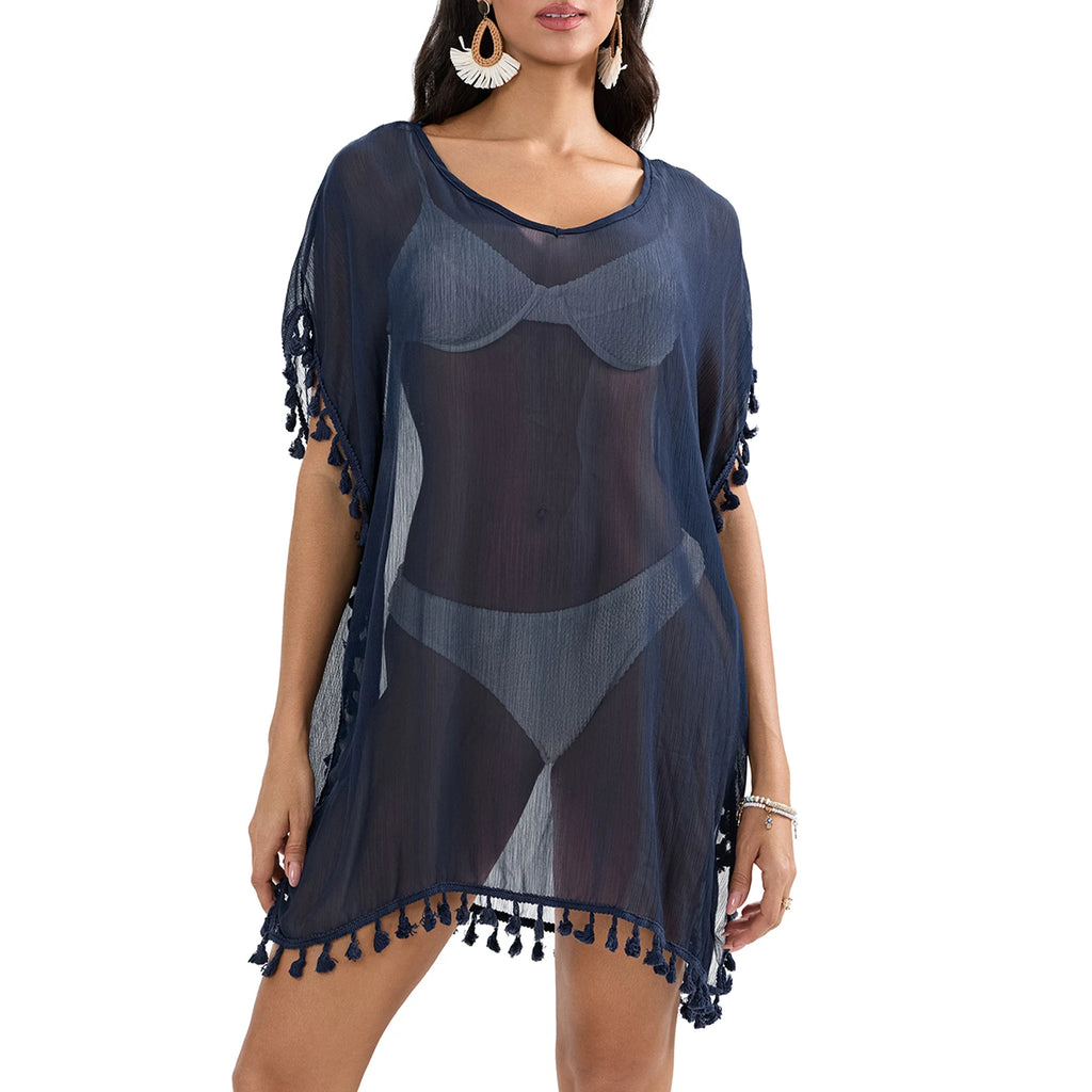 Tassel Trim Bikini Cover Up Beach Dress Women See-Through Beachwear Swimsuit Summer Mini Dress Cover-ups Sunscreen Dress