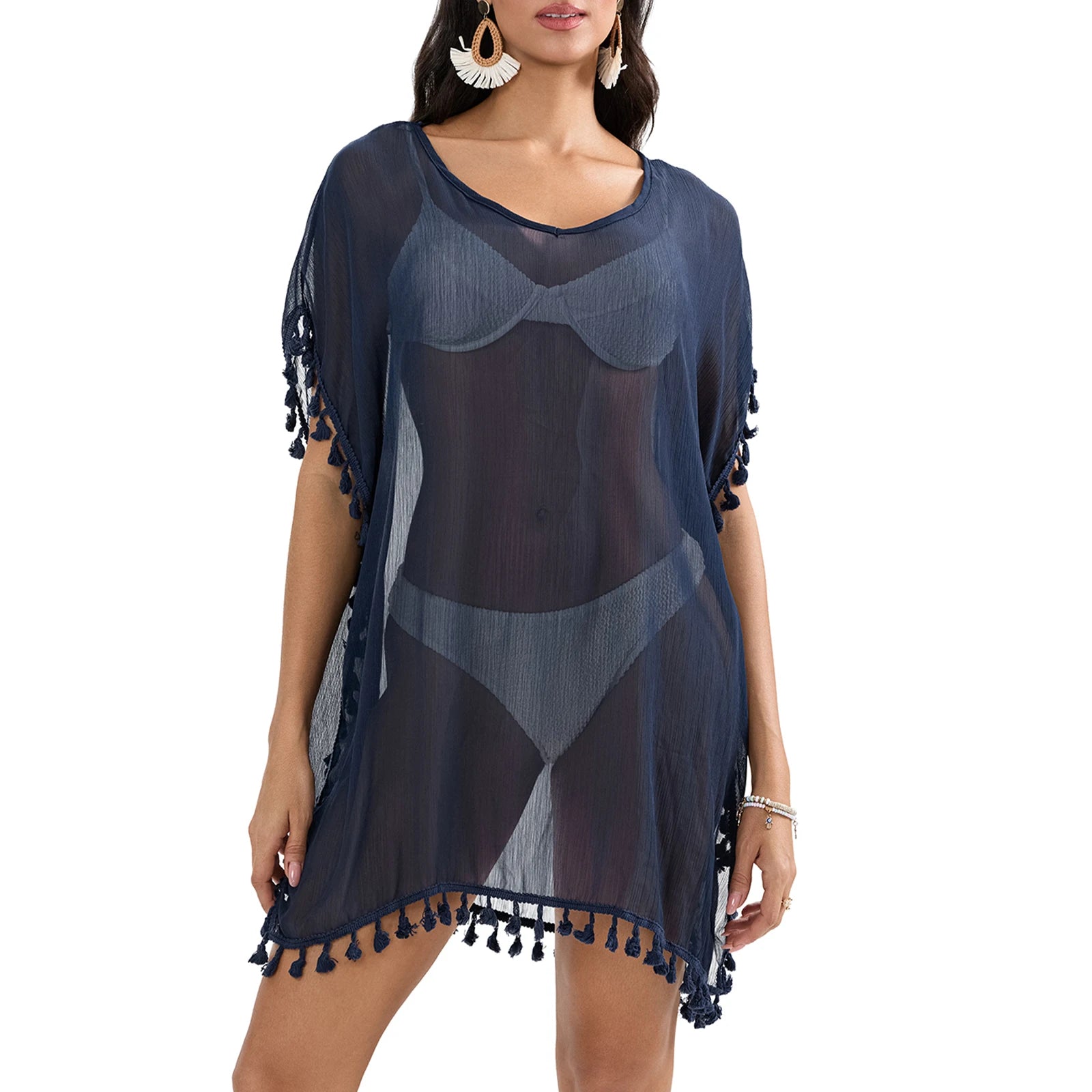 Tassel Trim Bikini Cover Up Beach Dress Women See-Through Beachwear Swimsuit Summer Mini Dress Cover-ups Sunscreen Dress