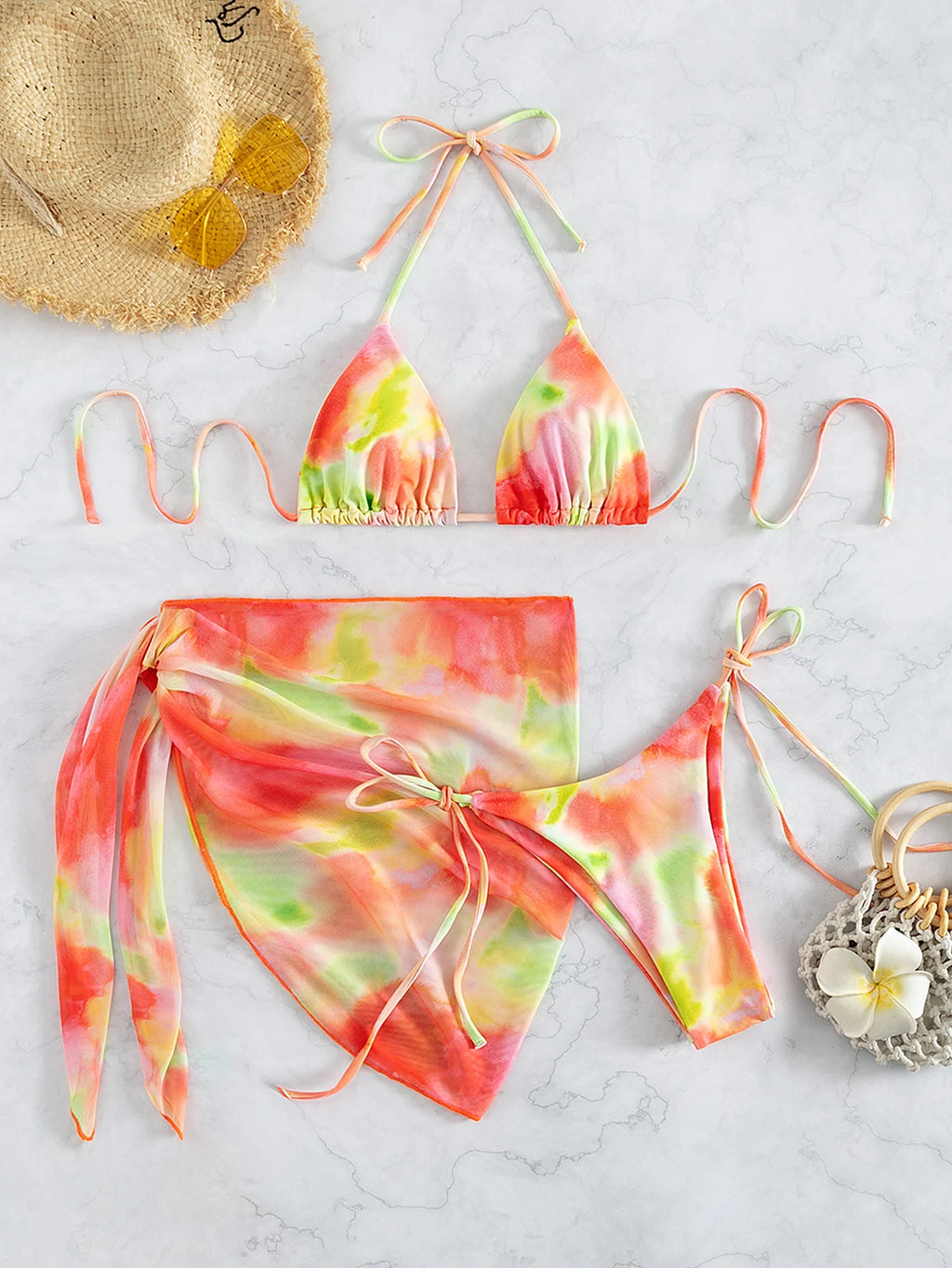 Swimwear Designer Tie Dye Bikini 3 PCS Swimsuit With Sarong Bikinis Women Three Piece Low Waist Beachwear Outfits Bather Biquini