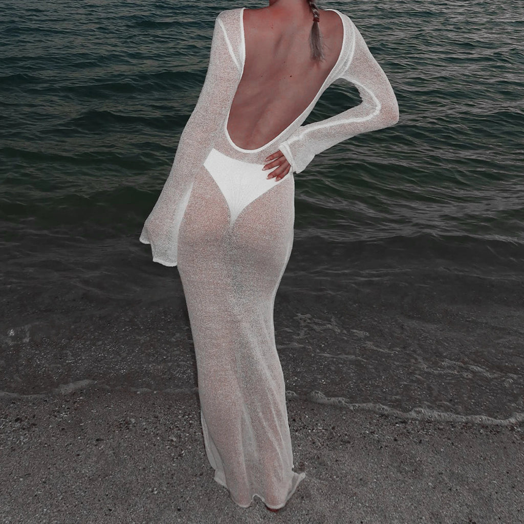 Women Vintage Summer Beach Cover Up Solid See-Through Long Sleeve Swimsuit Coverup Bathing Suit Cover Ups Bodycon Long Dresses