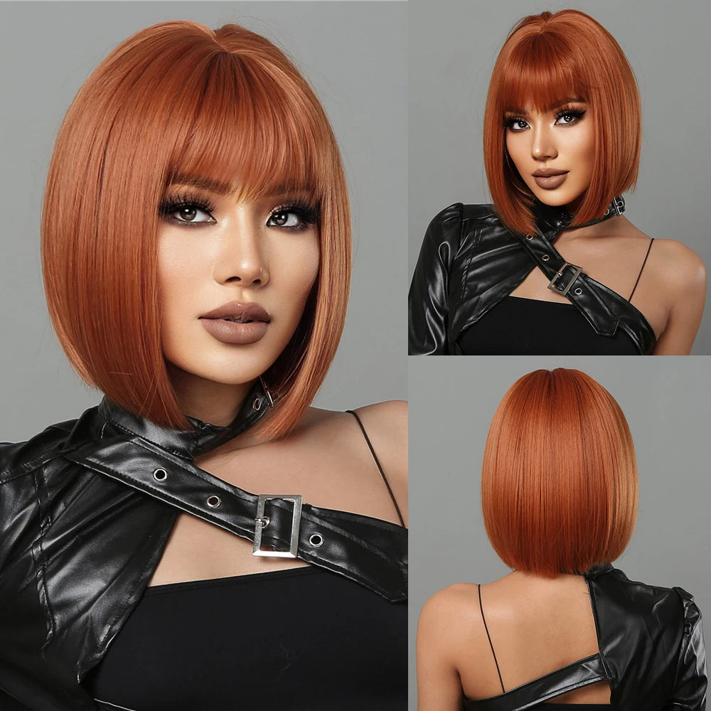 Short Ombre Blonde to Brown Straight Synthetic Wigs with Bangs Cosplay Party Women Bob Hair Wig Natural Heat Resistant Fibre