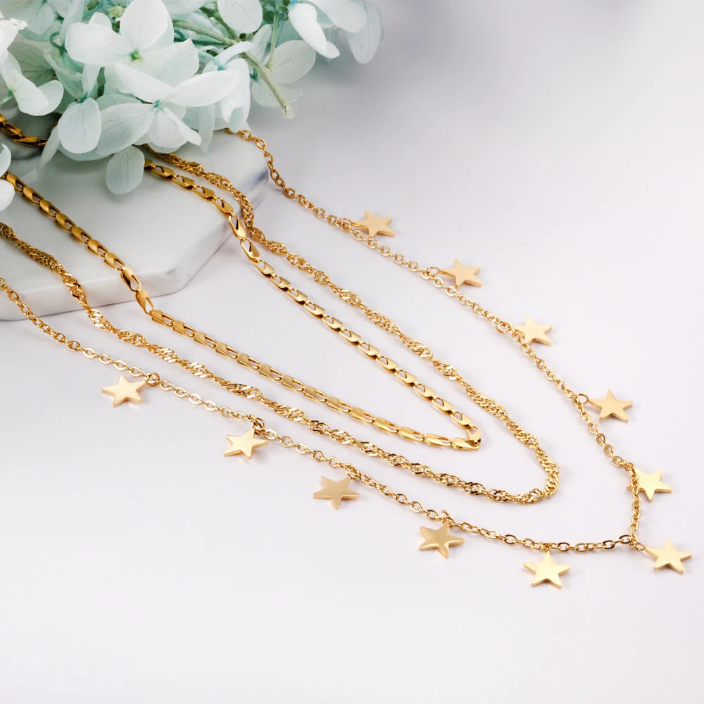 LUXUKISSKIDS Triple Chain Necklace For Women Collar Statement Necklaces Chain Bohemia Luxury Jewelry For Party Little Star Charms