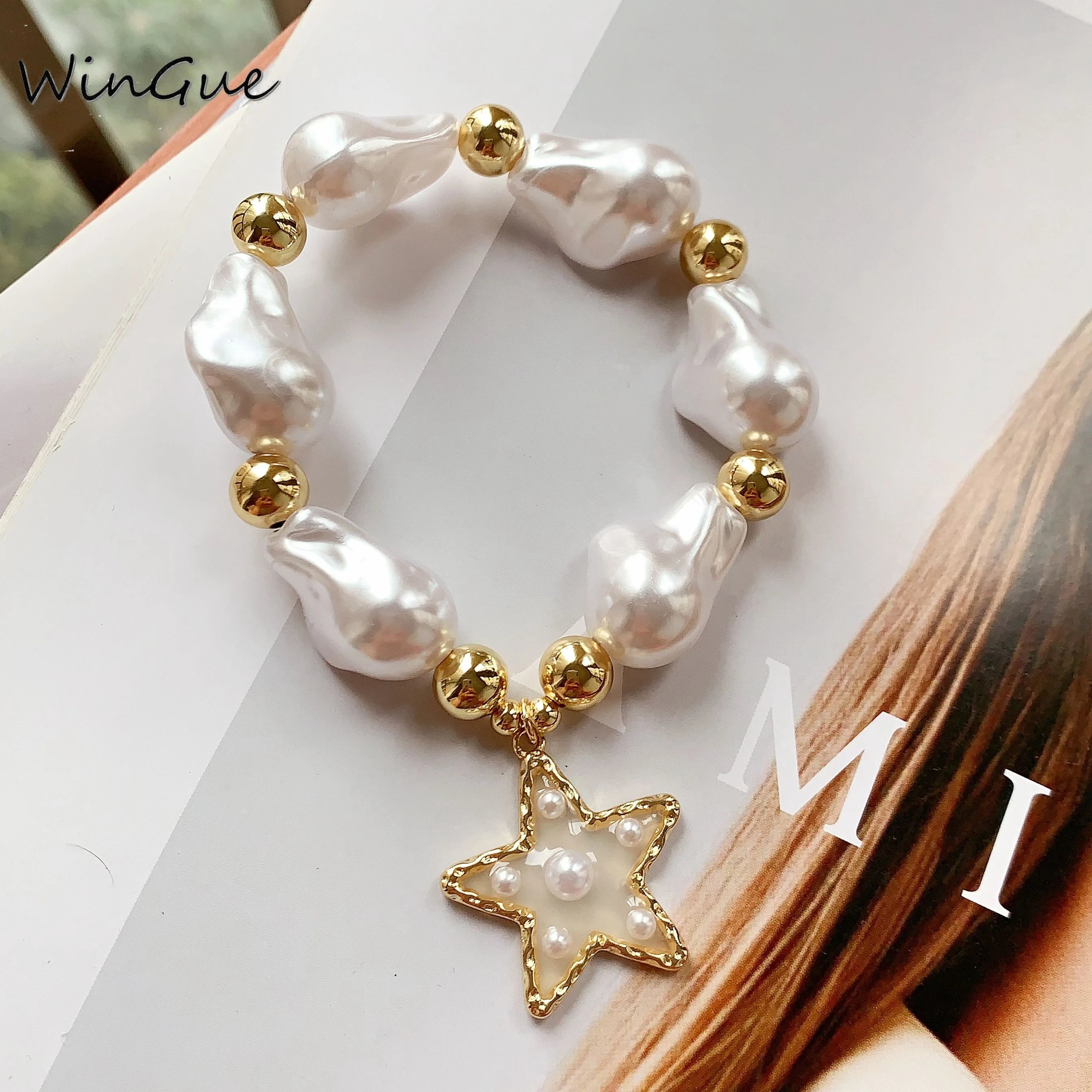 1 Pcs Baroque Imitation Pearl Bead Bracelet Women's Jewelry 18K Gold Plated Elastic Bracelet