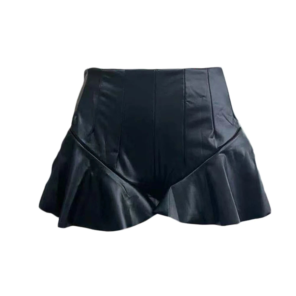 Women Faux Leather Mini Skirt A-Line Ruffle Black Shorts High Waist Exotic Club