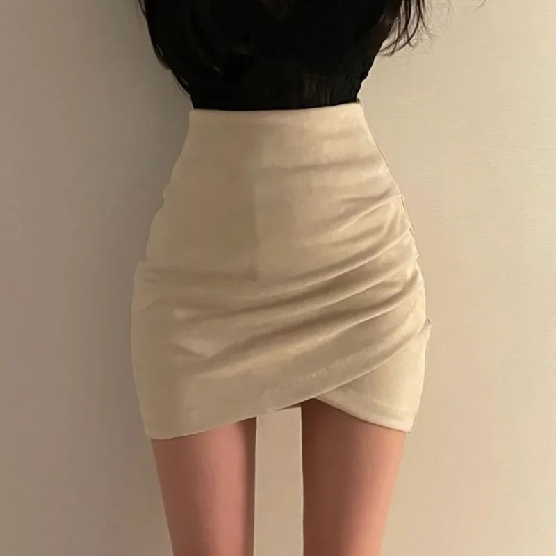 Women's Suede Mini Skirt High Waist Tight Fit Elastic Asymmetrical Short Skirts Autumn Winter New Style Bodycon Skirts