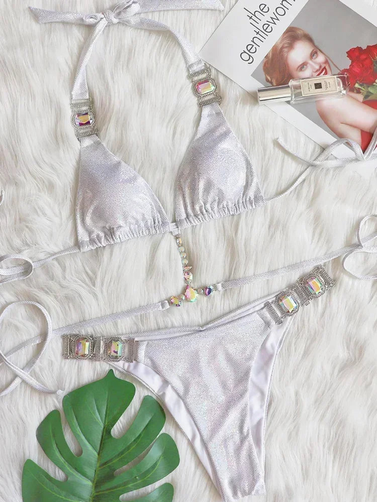 Halter Rhinestone Diamond Bikini Women Swimsuit Female Bikinis Metal Chain Swimwear Two Pieces Bikini Set Bathing Suit Swim Lady