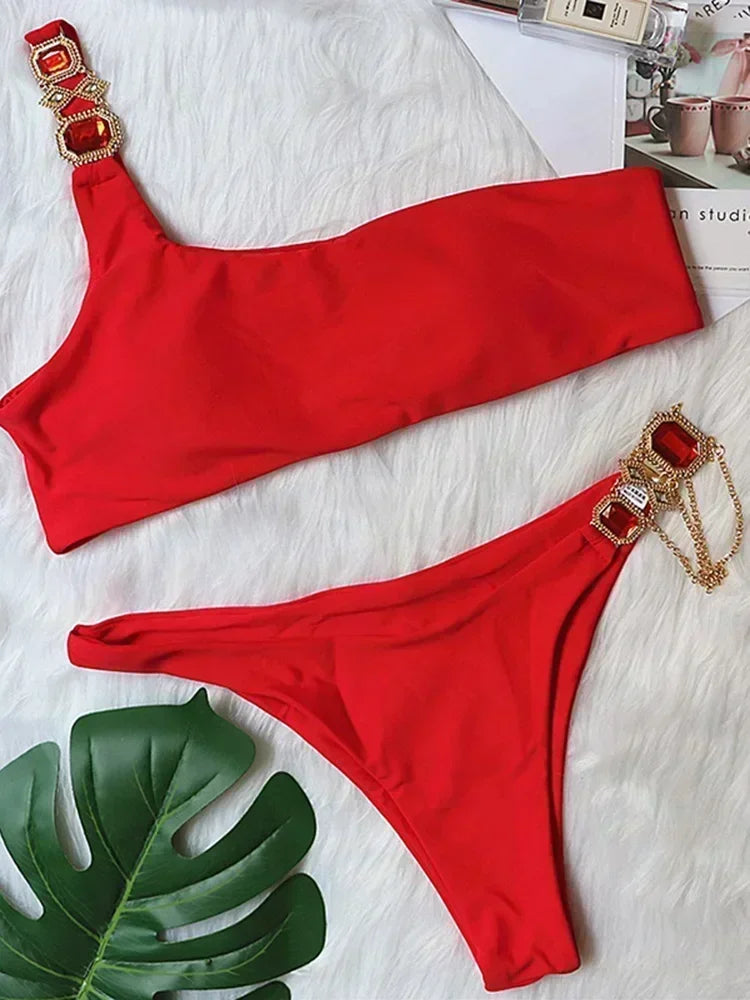 Halter Rhinestone Diamond Bikini Women Swimsuit Female Bikinis Metal Chain Swimwear Two Pieces Bikini Set Bathing Suit Swim Lady