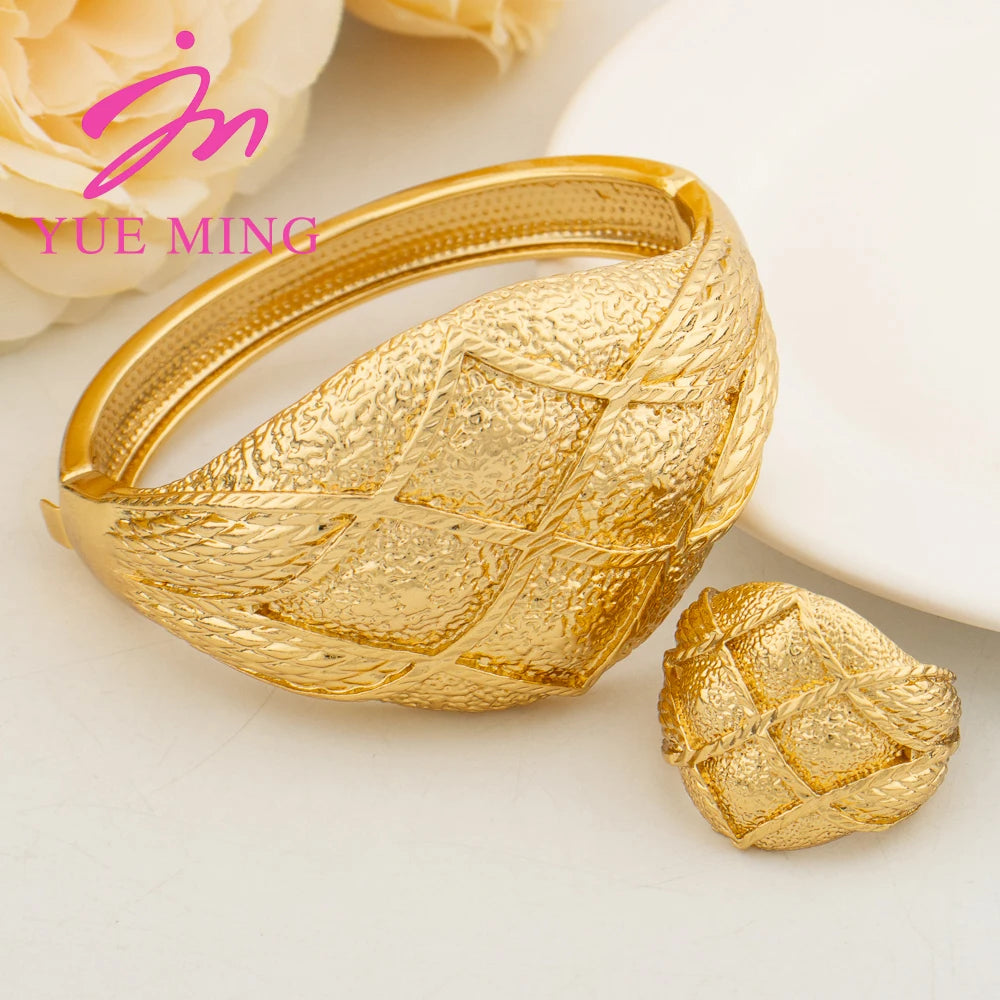dubai bracelet ring set for woman jewelry luxury Gold Color Cuff Bangles Female Luxury Jewelry Sets Jewellery Accessory