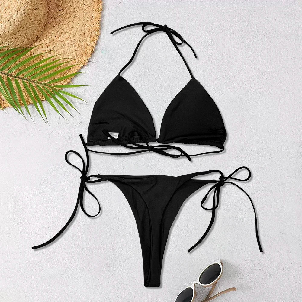 2025 New Women's Solid-color Separate Beach Wear Sexy Halter Three-point Bikini Backless Adjustable Lace-up Swimsuit