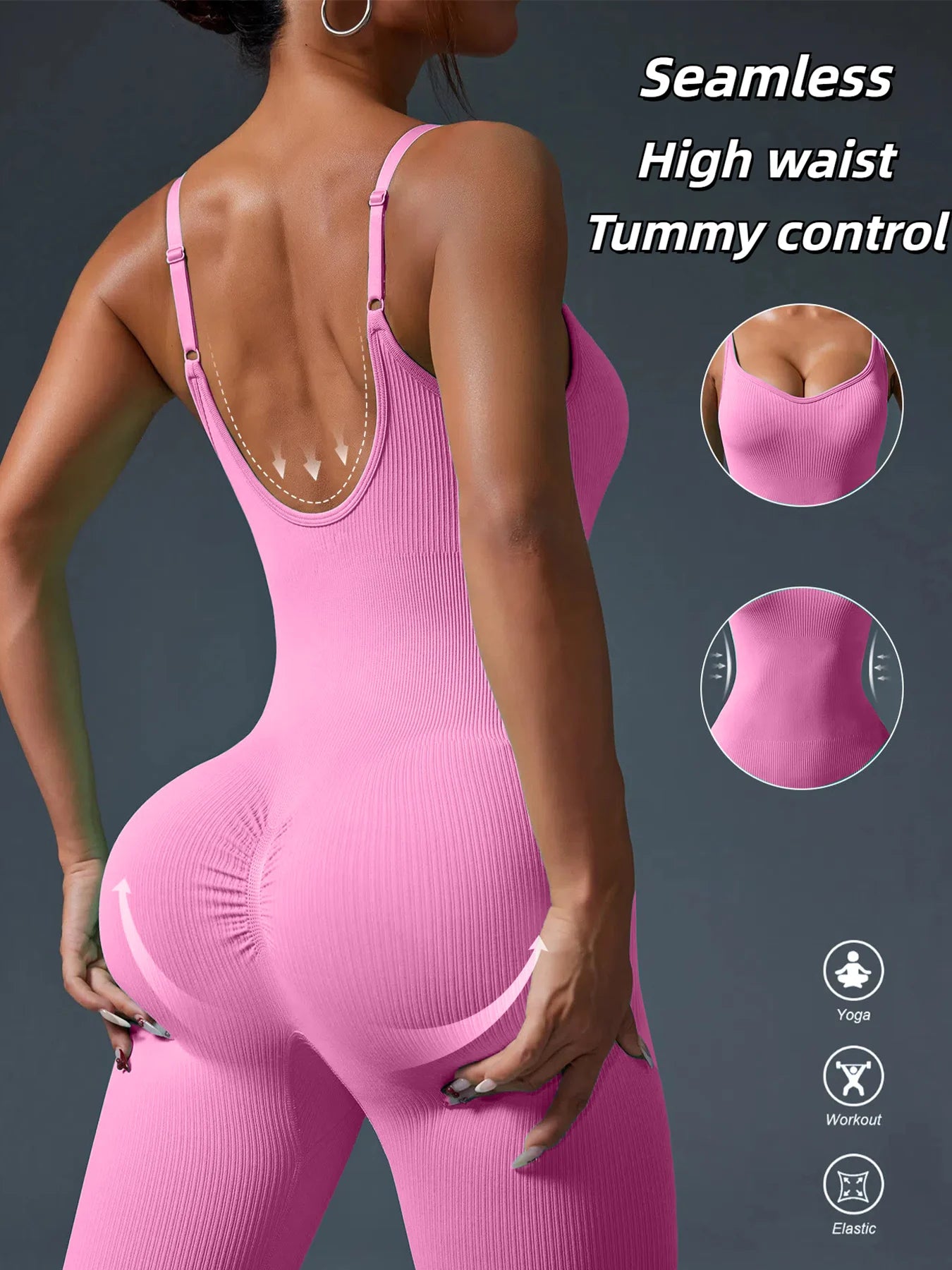 Solid Color Seamless Sport Yoga Jumpsuit Sexy Back-u Bodycon Workout Clothes for Women Outfit Fitness Gym Sportwear Tracksuit