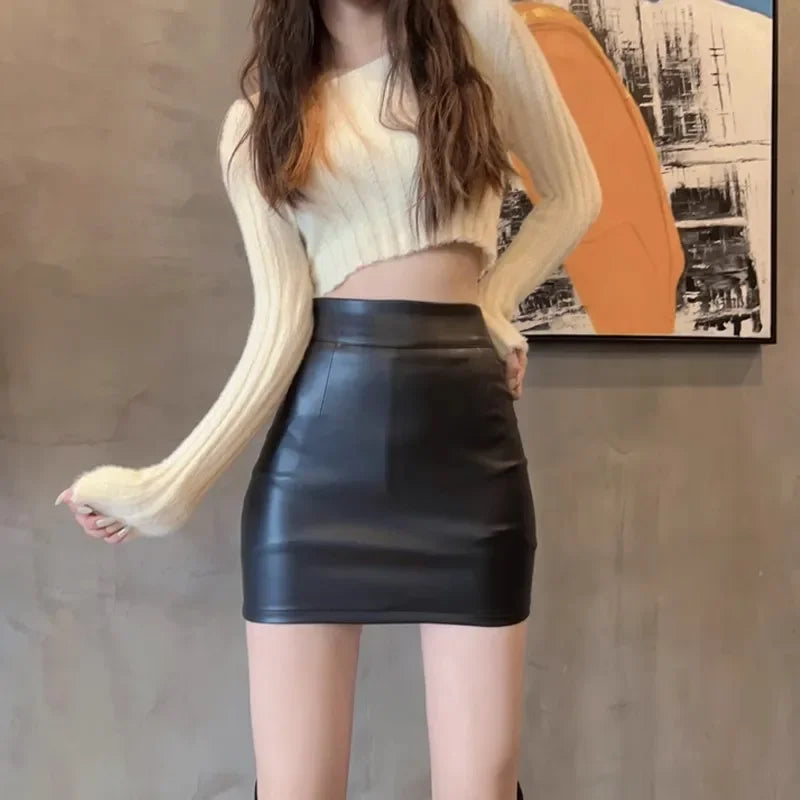 High Waist A- Line Mini Skirt for Women Early Spring PU Leather Short Skirt Slimming Effect Spring Fashion Polyester Fiber