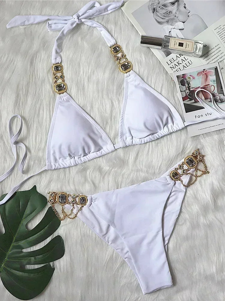Halter Rhinestone Diamond Bikini Women Swimsuit Female Bikinis Metal Chain Swimwear Two Pieces Bikini Set Bathing Suit Swim Lady
