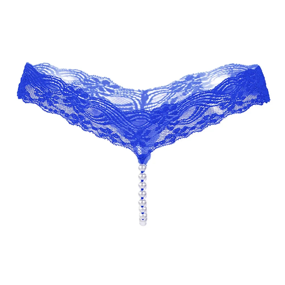 Women's G-String T-Back Thong Lingerie with Pearl Crotch Massage Panties, Sexy Lace Transparent Underwear, Enhanced T-Back String