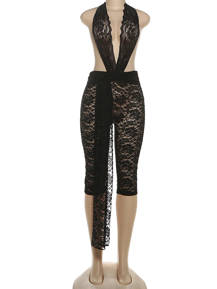 Weird Puss Jacquard Halter Romper Women Sexy Ribbon Patchwork Sleeveless Backless Workout Midnight Activity Clubwear Playsuits