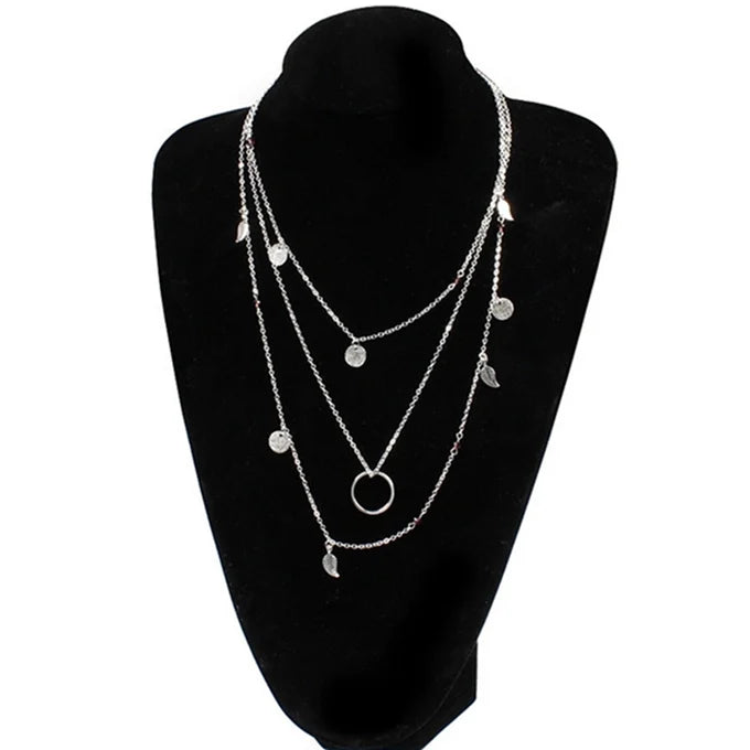 Hot Fashion Gold Color Chain Leaves Multi Layer Choker Necklace Geometric Round Necklace For Women Collier Femme Jewelry Gift