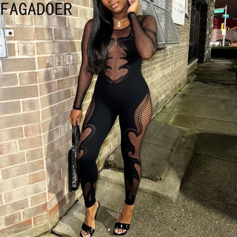 FAGADOER Y2K Sexy Quality Lace Bodycon Jumpsuit Women Long Sleeves Hollow Out See Through Romper Female Streetwear Overalls 2025