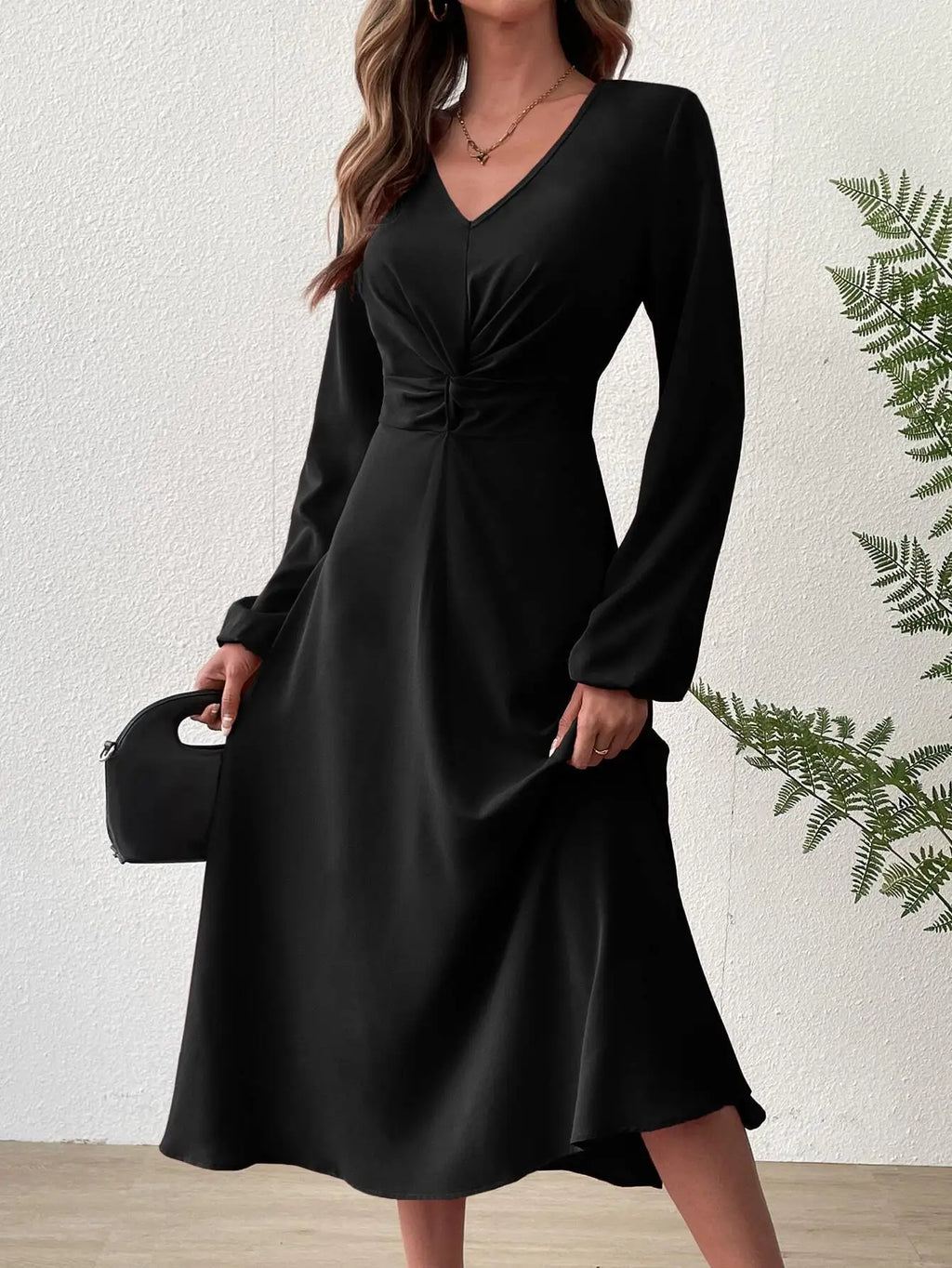 Evening Dresses with V Neck Lantern Long Sleeve Twisted edge Knot Detail at Waist Midi Dress Woman 2025 New Arrival
