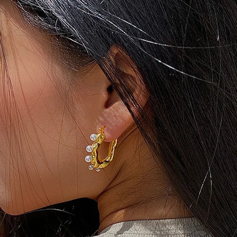Foxanry French U-Shaped Pearl Ear Buckle For Women Vintage Fashion Elegant Hoop Earrings Prevent Allergy New Jewelry Gift Party