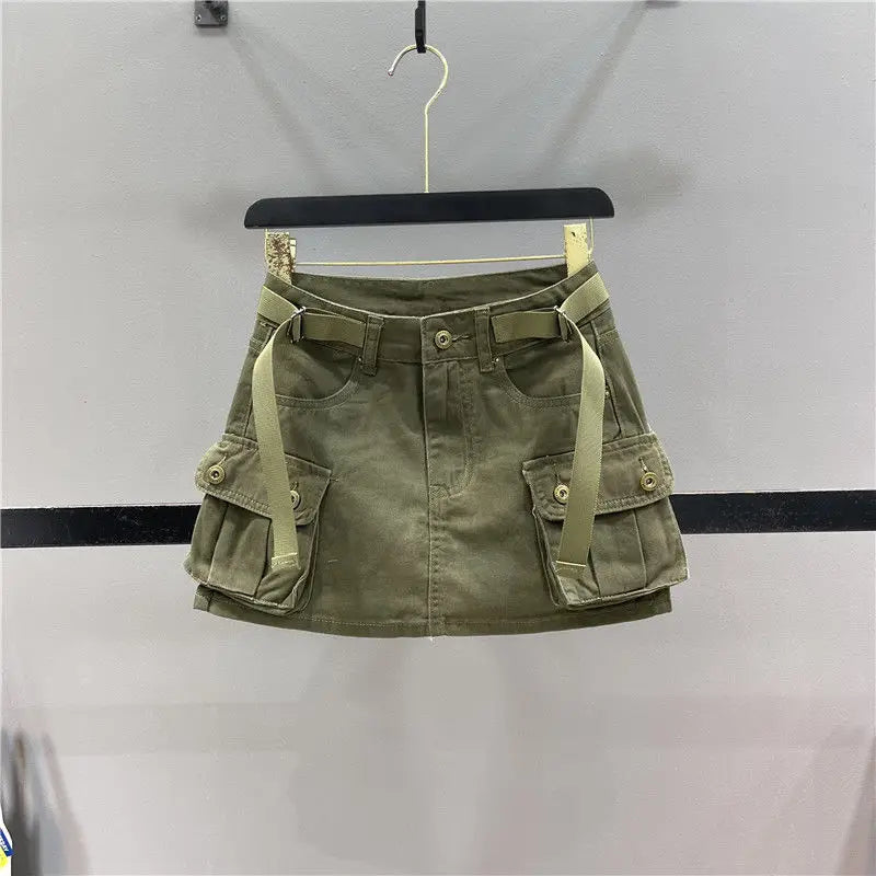 Women's Low Waist Button Bodycon Mini Cargo Denim Skirt with Pocket Summer New Anti-light A-word Hip Skirt