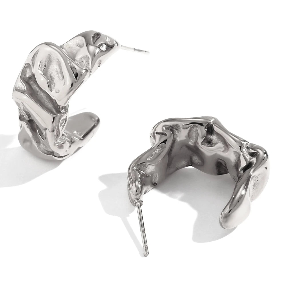 E.B.belle Casting Mould Irregular Wrinkle C Shaped Gold Plated Hoop Earrings For Women boucle d’oreilles acier inoxydable