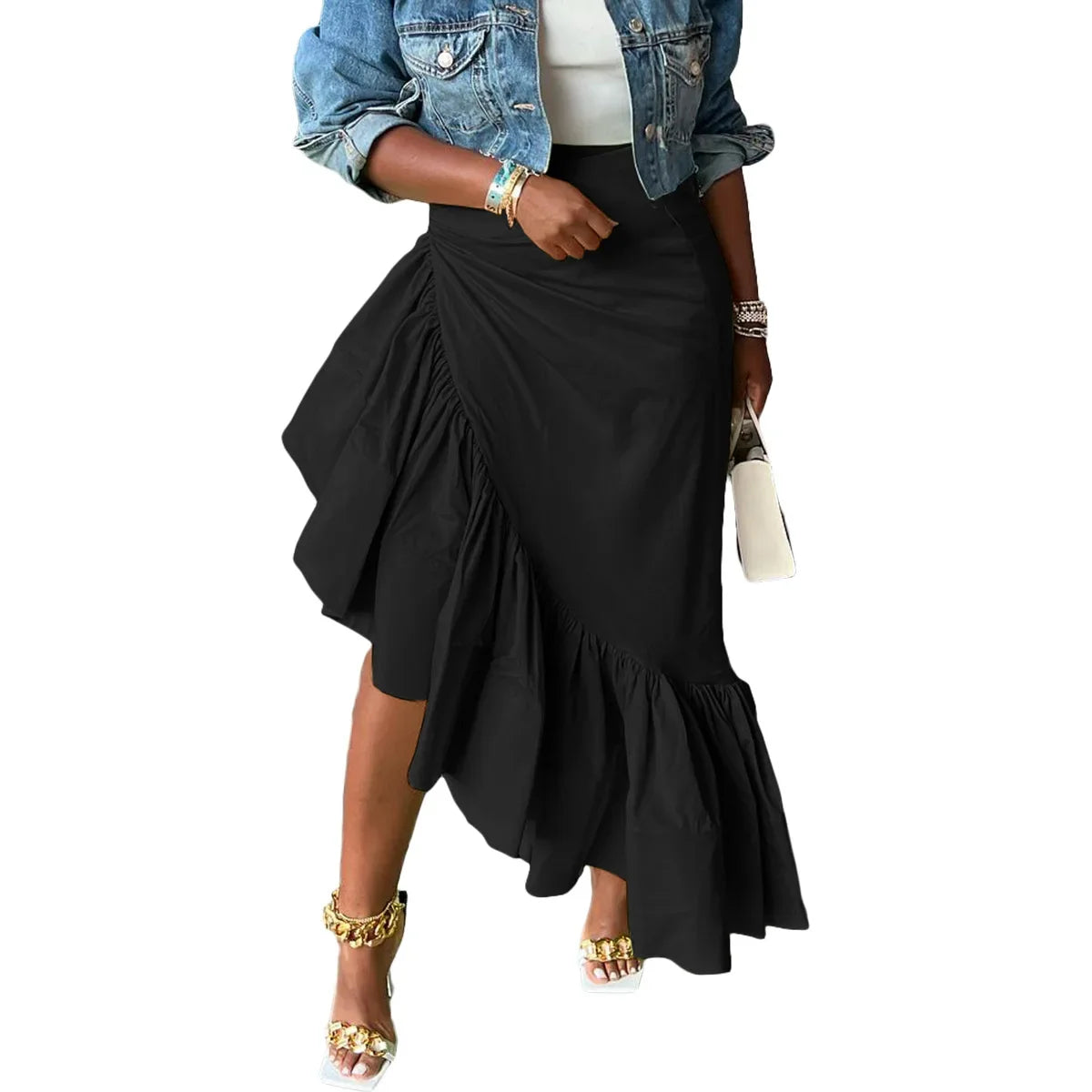 Sexy Solid Color Asymmetric Hem Skirt for Women Club Night Outings Polyester Fiber Ruffled Half-length Skirt Fashionable