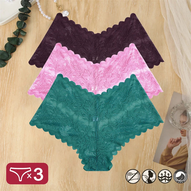 3PCS Women Sexy Lace Panties Floral Perspective Uderwear Solid Color Intimates Boyshort Female V-Waist Breathablle Soft Lingerie