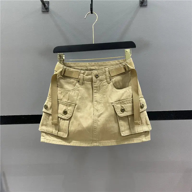 Women's Low Waist Button Bodycon Mini Cargo Denim Skirt with Pocket Summer New Anti-light A-word Hip Skirt