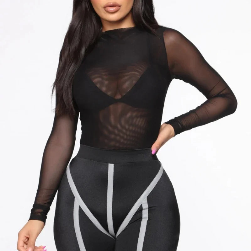 Sexy Mesh See-Through Bodysuit Women Long Sleeve Sheer Bodysuits High Neck Bodycon Jumpsuit See-Through Romper