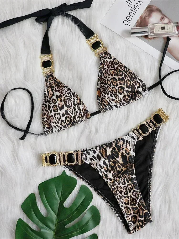 Halter Rhinestone Diamond Bikini Women Swimsuit Female Bikinis Metal Chain Swimwear Two Pieces Bikini Set Bathing Suit Swim Lady
