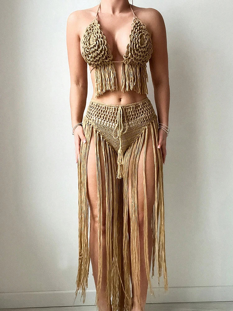 Women Floral Crochet Flower Long Tassel Bikini Set Summer Swimwear Halter Neck String Tie Bottom High Waist Cover Up Swimsuit