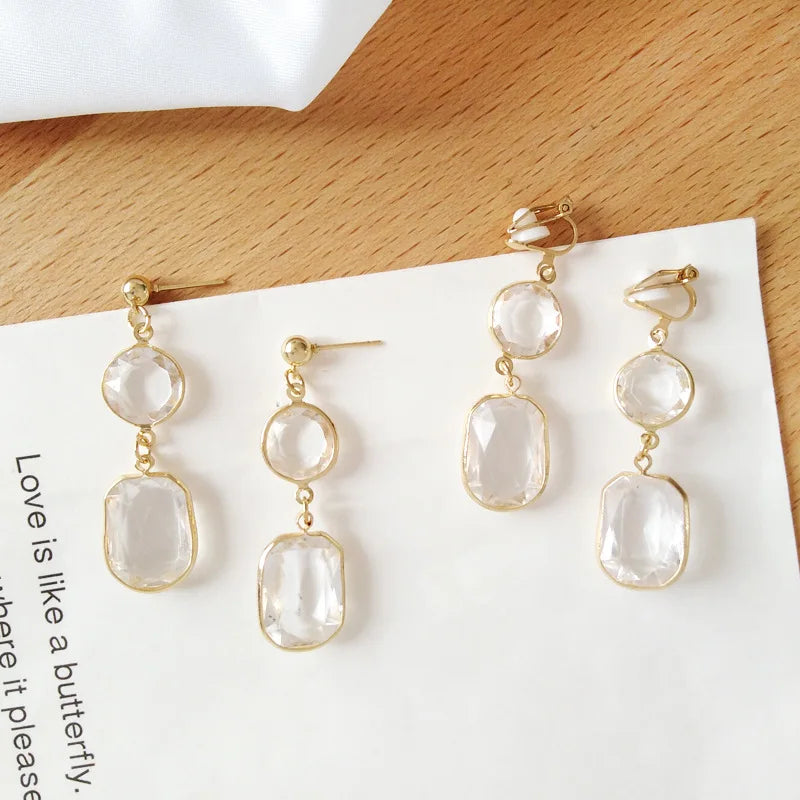 French Women Elegant Transparent Round and Square Crystals Resin Geometric Clip Earrings No pierced ear clip boucle d'oreille