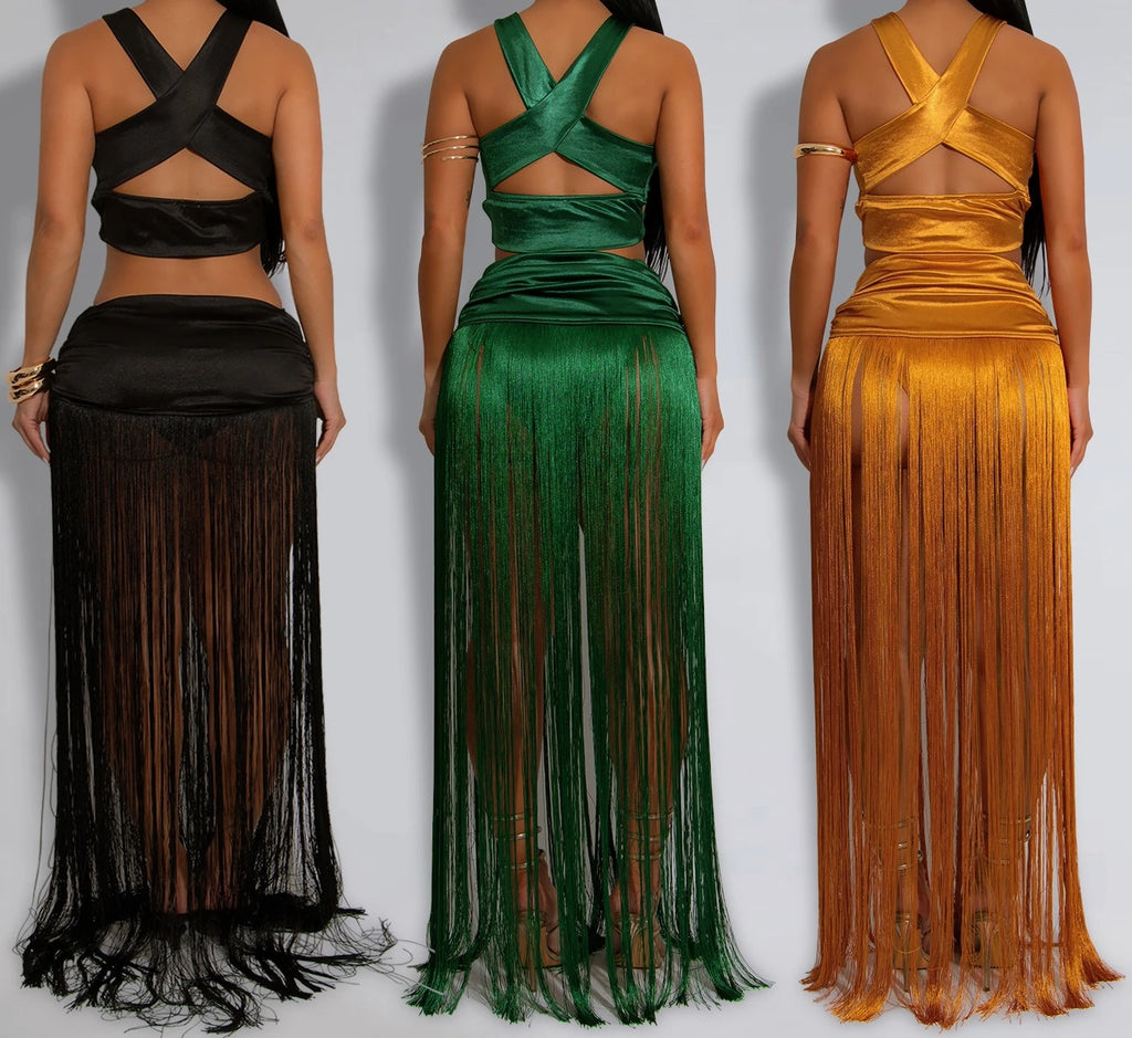 2 Piece set Womens Long Dresses Woman Clothes Bodycon Summer Elegant Party Dresses Tassel Evening Birthday Prom Dress HXY261 HXY