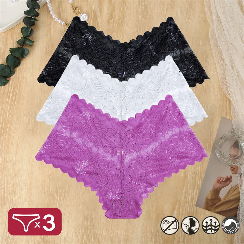 3PCS Women Sexy Lace Panties Floral Perspective Uderwear Solid Color Intimates Boyshort Female V-Waist Breathablle Soft Lingerie