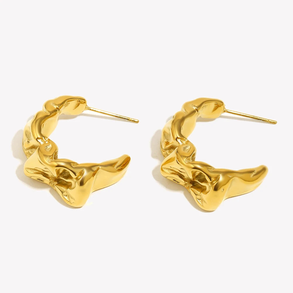 E.B.belle Casting Mould Irregular Wrinkle C Shaped Gold Plated Hoop Earrings For Women Stainless Steel Earrings