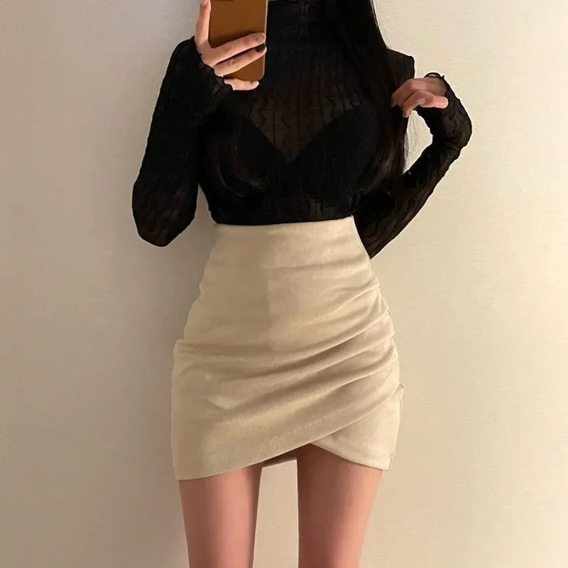 Women's Suede Mini Skirt High Waist Tight Fit Elastic Asymmetrical Short Skirts Autumn Winter New Style Bodycon Skirts